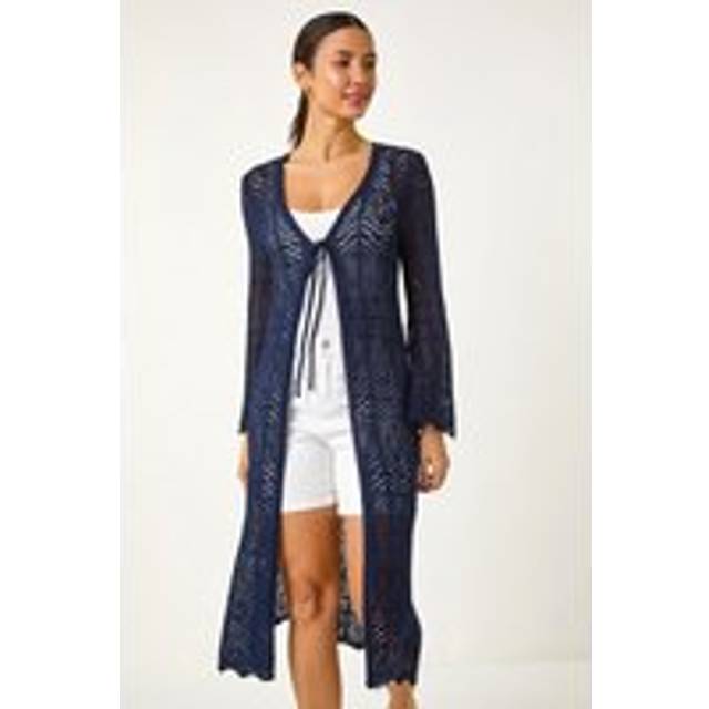 Longline Tie Cotton Blend Knit Cardigan - Navy - 12