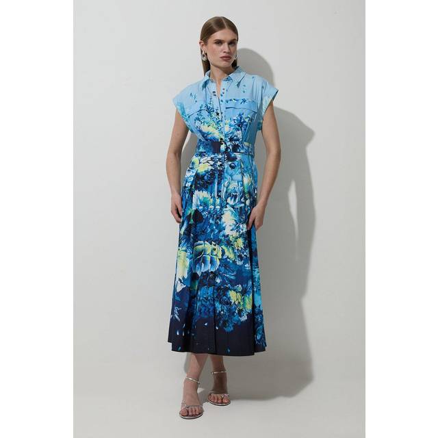 Placed Floral Cotton Sateen Sleeveless Woven Dress - Blue - 8
