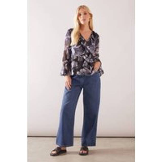 Wallis Womens Petite Stencil Floral Ruffle Detail Blouse - Navy - Size 10 UK