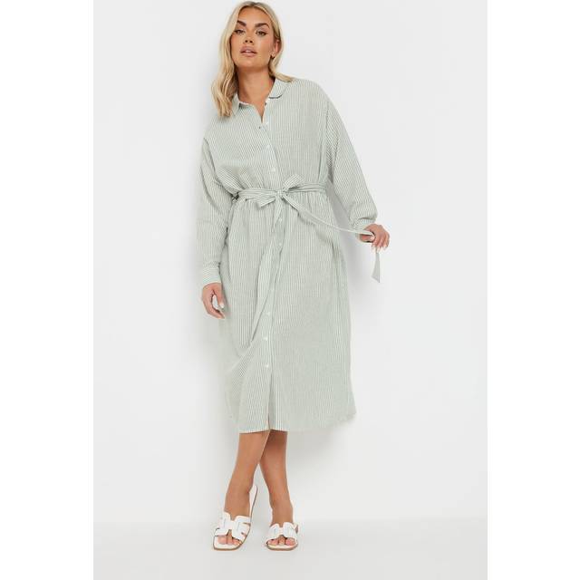 Yours Curve Sage Green Linen Stripe Shirt Dress, Women's Curve & Plus Size, Yours - 30-32