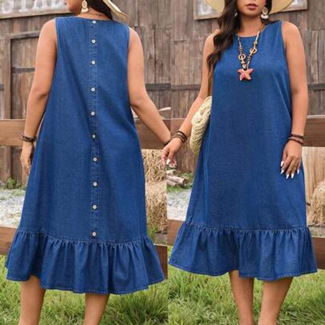 Breezaya Plus Size Solid Color Ruffle Hem Sleeveless Round Neck Denim Jumper Dress