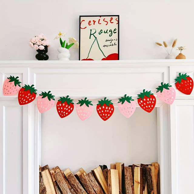 TEMU Handcrafted Felt Strawberry Garland - Vibrant Red & Banner For Birthday Parties, , And Festive Decorations