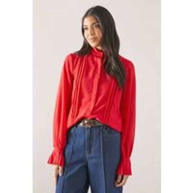 Womens Ruffle Neck Pleat Detail Blouse - Red - 16