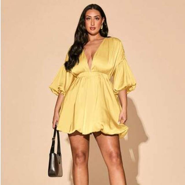 SHEIN Plus Size Autumn Deep V-Neck Bud Shape Elastic Waist Sexy And Sweet Mini Dress Suitable For Daily Vacations, Dates And Holidays,Summer Outfit