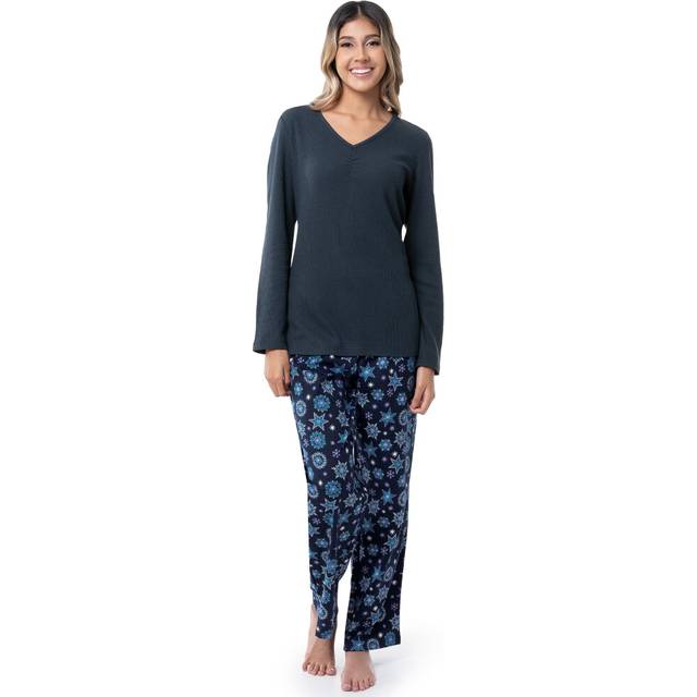 Fruit of the Loom Women's Waffle V-Neck Top and Flannel Pant Sleep Set  Midnight Blue/Starflake  Medium
