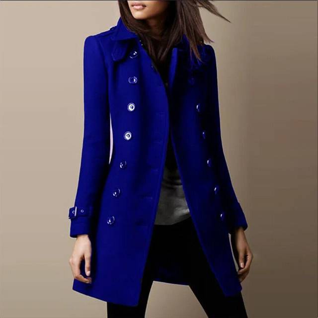 (Blue, S = 6) Women's Winter Slim Fit Trench Button Long Coat Jacket Overcoat Parka Outwear