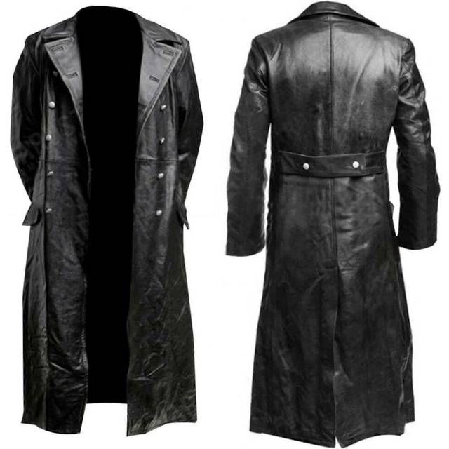 (L, Black) 2025 New Mens Black Trench Leather Coat Full Length Classic Faux Leather Coat with Pockets