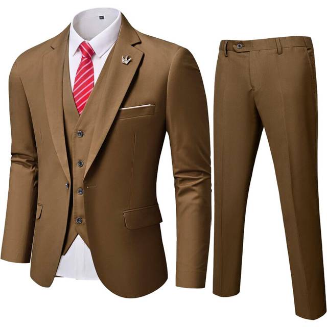 MY'S Men's Blazer Vest Pants Set  One Button Jacket Waistcoat and Trousers  Solid Party Wedding Dress Khaki X-Small