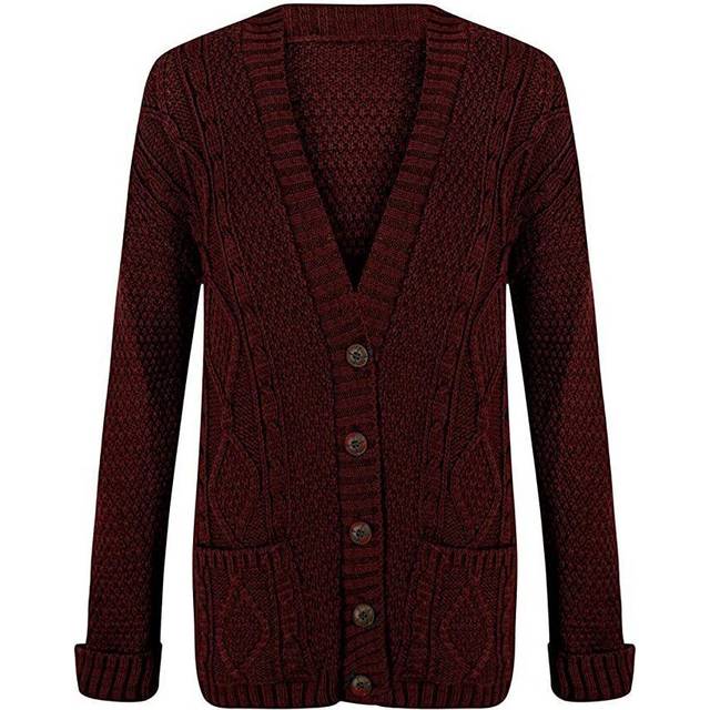 (Wine, 16-18) Womens Ladies Chunky Cable Knit Cardigan Button Long Sleeves Grandad Cardigans