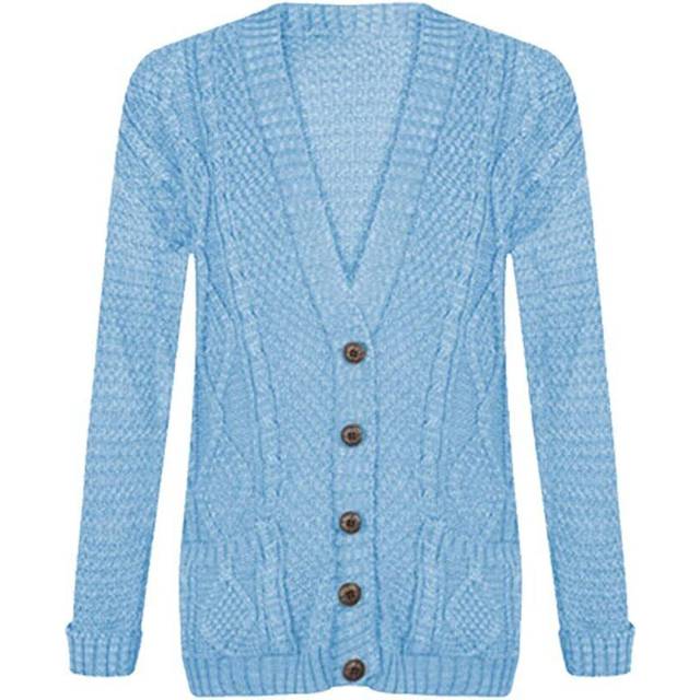 (Sky Blue, 12-14) Womens Ladies Chunky Cable Knit Cardigan Button Long Sleeves Grandad Cardigans