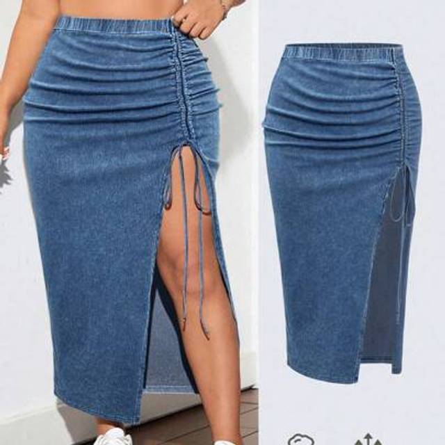 Plus size jeansminikjol, Casual elastisk sidoslits veckad blå - Ljustvätt (0XL,1XL,2XL,3XL,4XL)