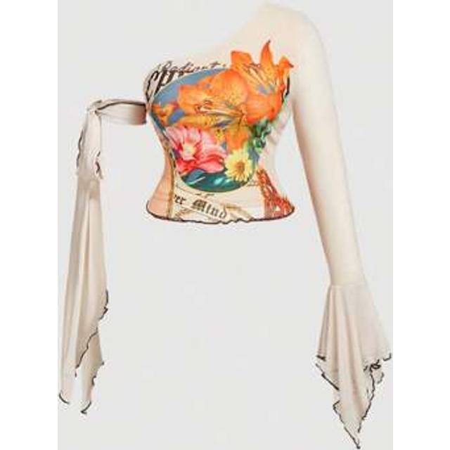 SHEIN Plus Size Asymmetrical Shoulder Ruffle Wave Tie Bow Casual Bohemian T-Shirt Summer Clothes Women Tops Spring Clothes Women Tops Work Blouses For Women