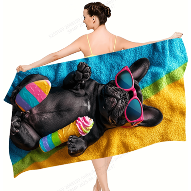SHEIN 1pc Super Soft & Micro-Fiber Beach Towel With French Bulldog, Glasses And Ice Cream Graphic Pattern, Suitable For Summer, Home Decor, Travel, Yoga, Ca