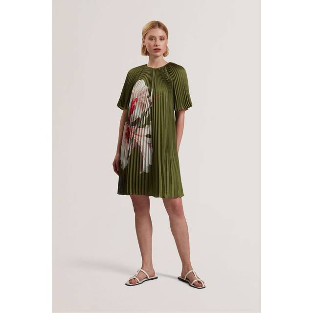 Ted Baker Vinlaa Short Sleeve Pleated Mini Dress, Green/Multi