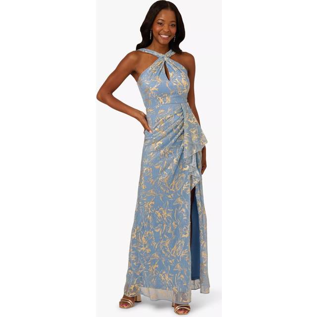 Metallic Crinkle Keyhole Halter Gown In Light Blue Gold - Light Blue/Gold - 14