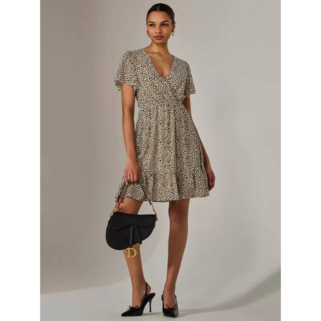 Chiffon Short Sleeve Tie Waist Mini Dress - Beige - 14