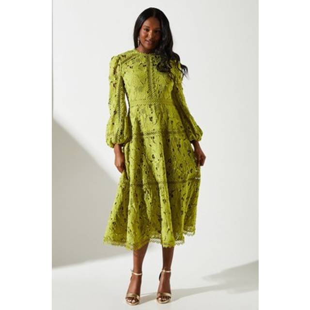 Lace Panelled Long Sleeve Dress - Olive - 12
