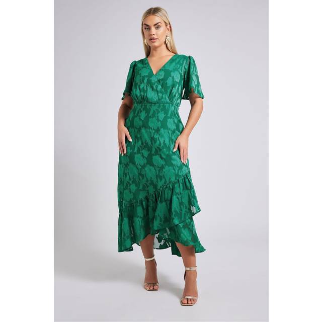 Yours London Curve Green Jacquard Floral Wrap Ruffle Hem Dress, Women's Curve & Plus Size, Yours London - 16
