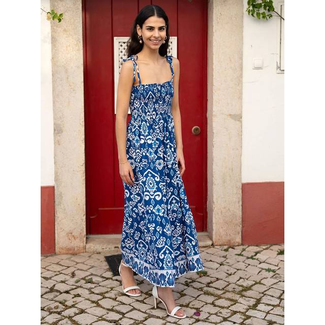 Yumi Blue Ikat Print Midi Sun Dress - Size 20 UK - Yumi