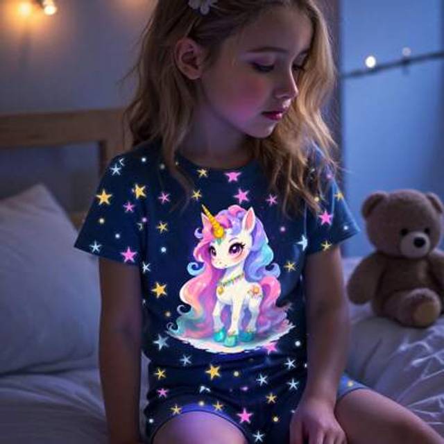 SHEIN Young Girls Pajama Set, Blue Unicorn Print, Stretchy Fabric Short Sleeve Top & Shorts 2 Pieces Snug Fit Sleepwear