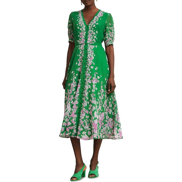 Hobbs Ana Floral Pure Silk Dress, Green/Pink