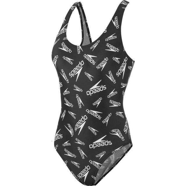Speedo all over deep u-back hi leg 1 piece swimsuit black white uk 12 / 34