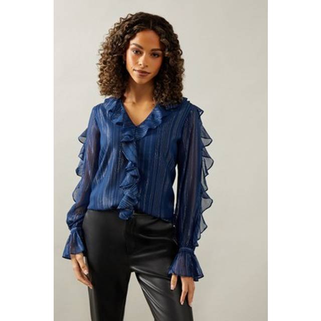 Womens Occasion Ruffle Detail Metallic Blouse - Navy - 20