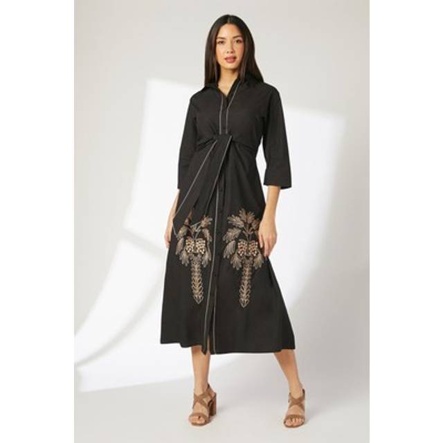 Black Embroidered Detail Tie Front Shirt Dress - 12