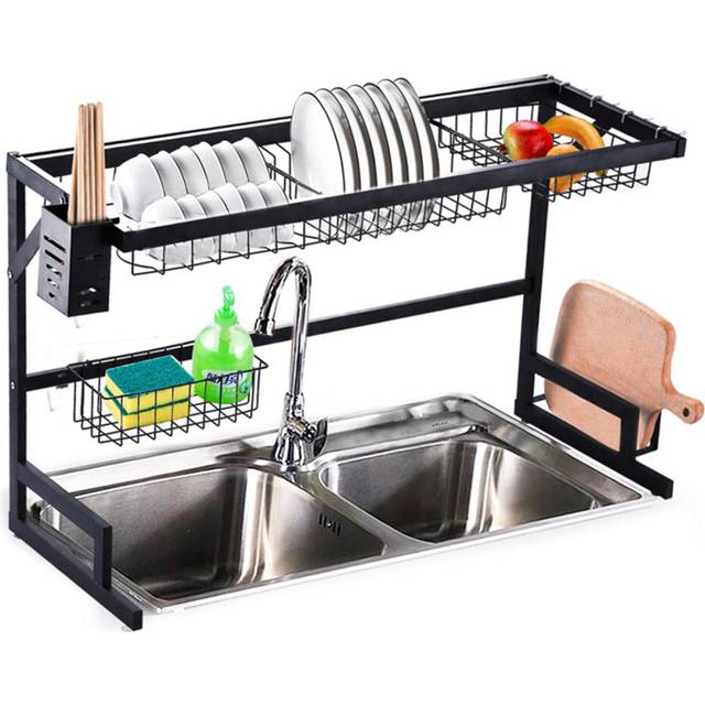2 Tier Dish Drainer Over Double Sink Drying Rack Draining Tray Fruit Plate Bowl Kitchen Storage Rack