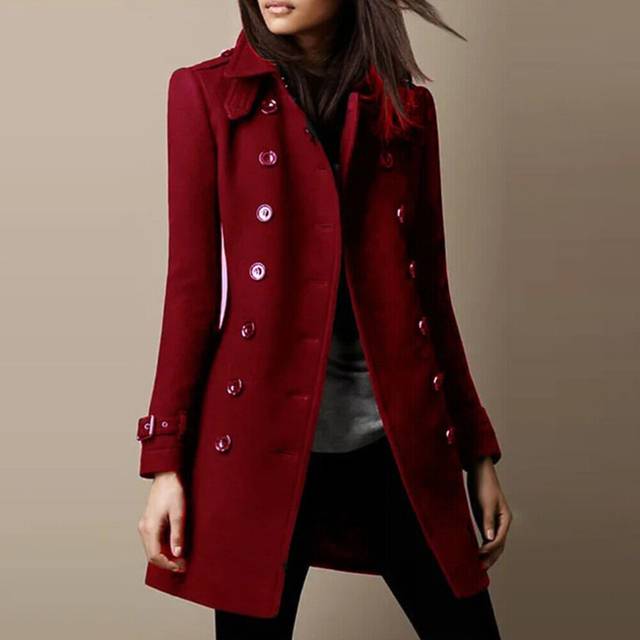 (Red Wine, L = 10) Women's Winter Slim Fit Trench Button Long Coat Jacket Overcoat Parka Outwear