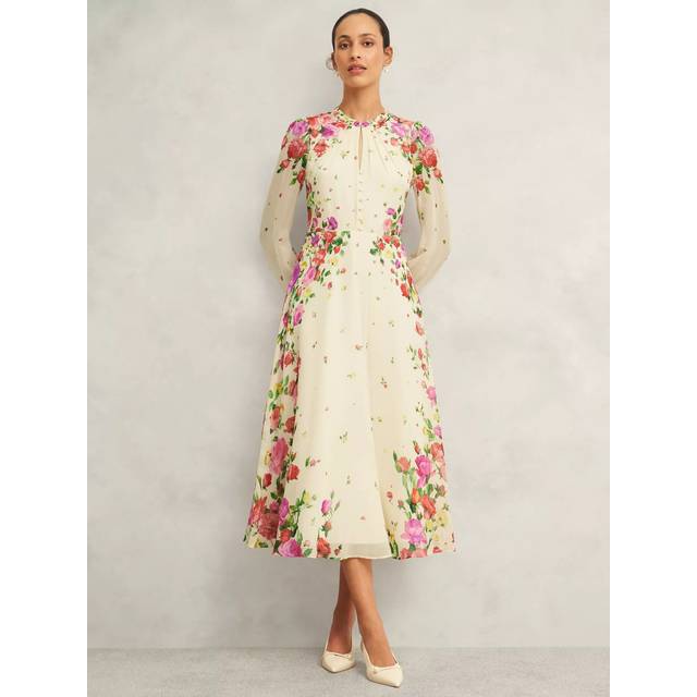 Hobbs Petite Eva Placement Floral Pure Silk Dress, Cream/Multi