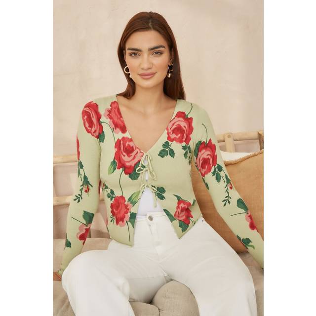 Yumi Green Rose Print Cardigan With Tie Front - Size L UK - Yumi