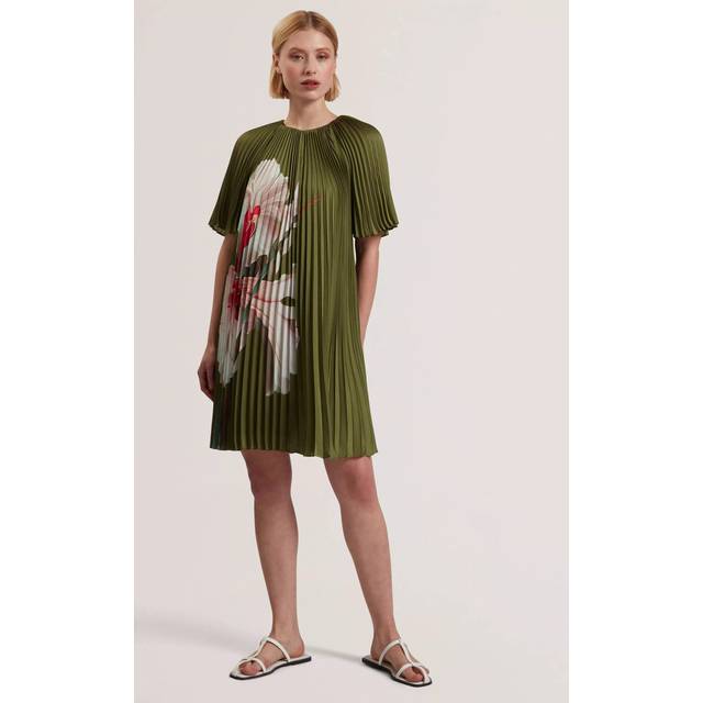 Ted Baker Vinlaa Short Sleeve Pleated Mini Dress, Green/Multi