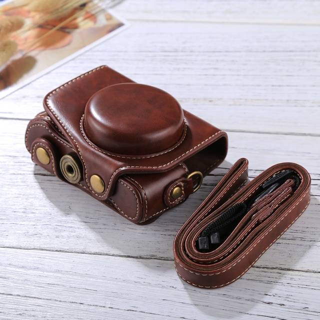 Full Body Bag For Canon PowerShot G7 X Mark II Camera PU Leather Camera Case Bag with Strap - Coffee