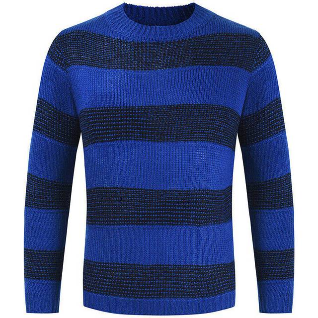 (Blue, UK XL) Mens Crew Neck Long Sleeve Chunky Cable Knit Jumper Pullover Winter Sweater Tops