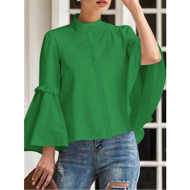 (Green Blouse, S) Krisstargirls Fashion Woman Shirts Clothing  Spring Summer Long Flared Sleeves Solid Color Womens Elegant Tops and Blouses