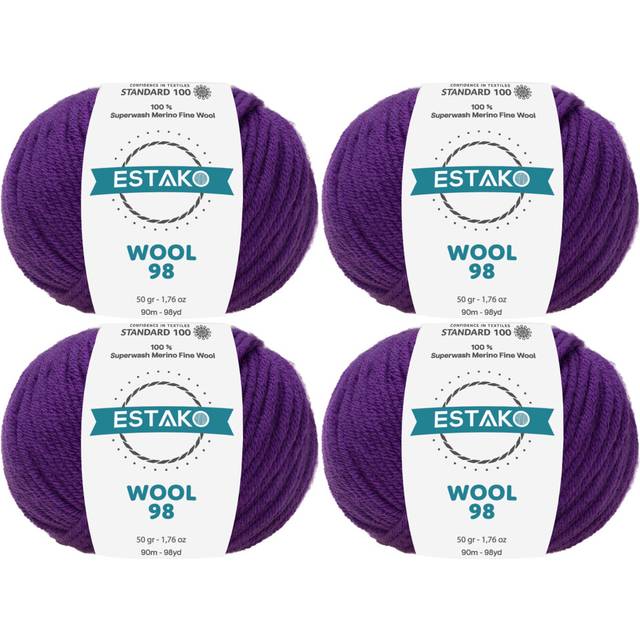 Estako Wool 98 (4-Skeins Pack) 100% Superwash Merino Wool Medium Worsted Weight Soft Knitting and Crochet Yarn (4 x 1.76 oz) (4 x 98 yds) (6385 - Purp