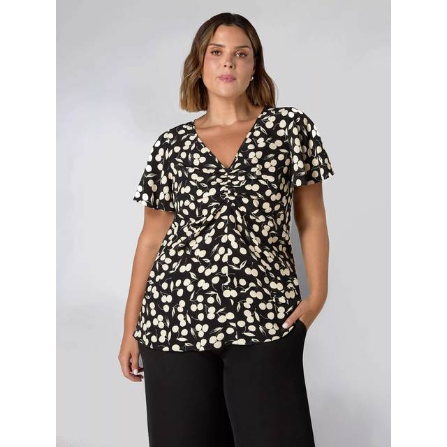 Live Unlimited Cherry Print Flutter Sleeve Top, Black/Multi