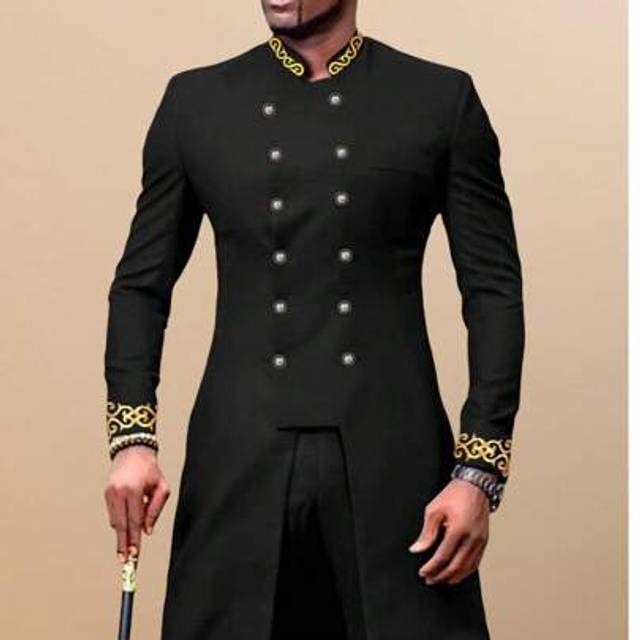 SHEIN 2 Pcs/Set Men&#39;s Black Dashiki Double Breasted Long Blazer With Trousers, Golden Embroidery, Long Sleeve, Stand Collar, Elastic Waist Pants, African Cl