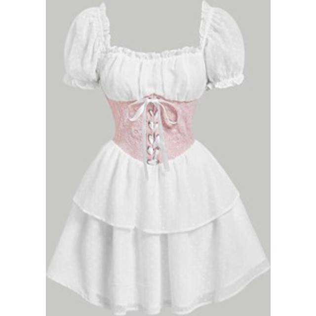 SHEIN Swiss Dot Lace Up Front Milkmaid Dress
