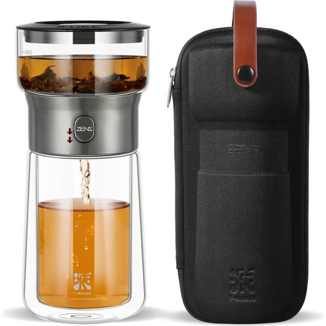 ZENS Modern Solo Tea Infuser Teapot, Smart One Touch Drip Tea Pot for Loose Tea Diffusers, Small Glass Gongfu Magic Teapot with 270ml Insulated Cup