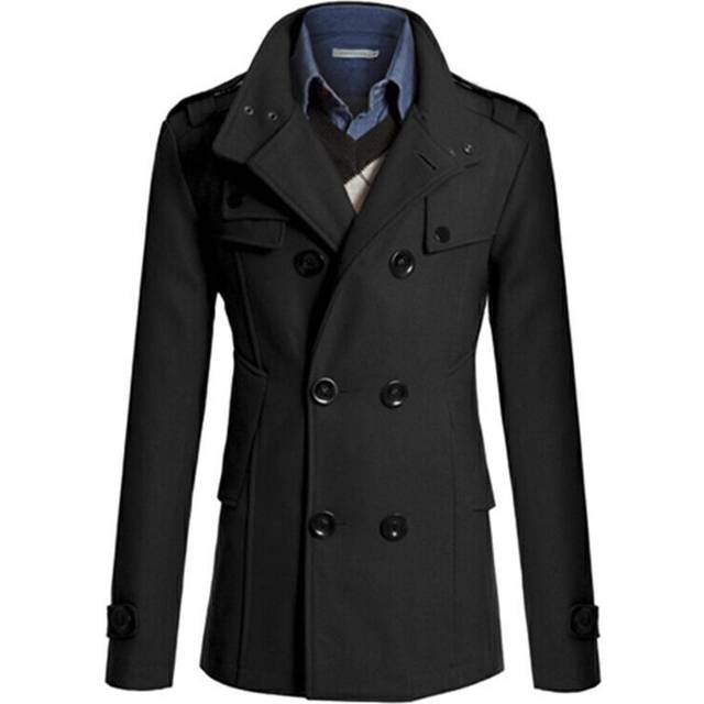 (Black, XL) Men Winter Warm Peacoat Double Breasted Trench Coat Long Jacket Formal Overcoat