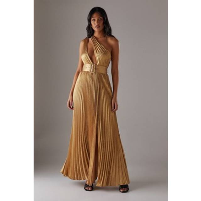 Womens Premium One Shoulder Belted Pleated Maxi Dress - gold - Gold - 6