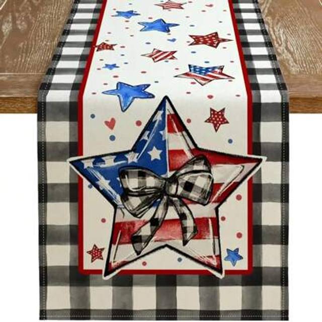 SHEIN Linen 4th Of July Table Runner Placemats Set, Rectangle Woven Star American Flag Holiday Farmhouse Buffalo Plaid Burlap Indoor Patriotic Independence