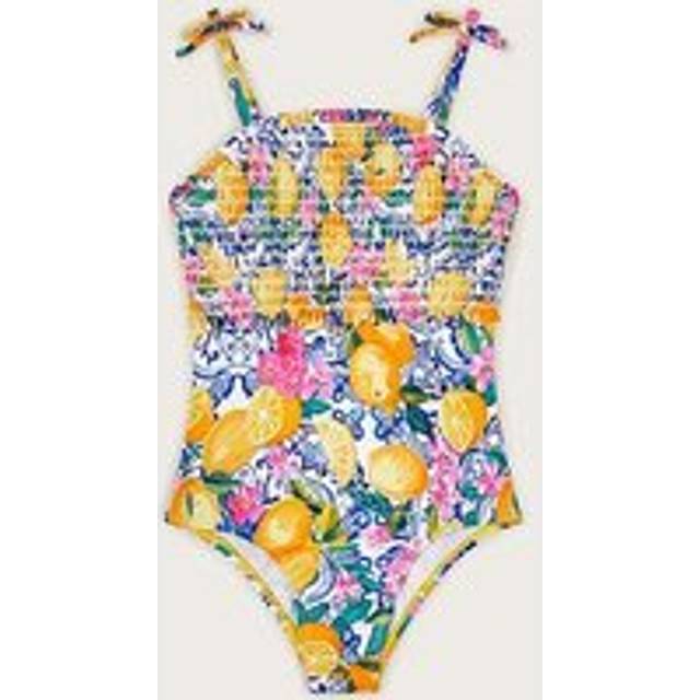 Monsoon Kids' Lemon Print Smocked Swimsuit, Yellow