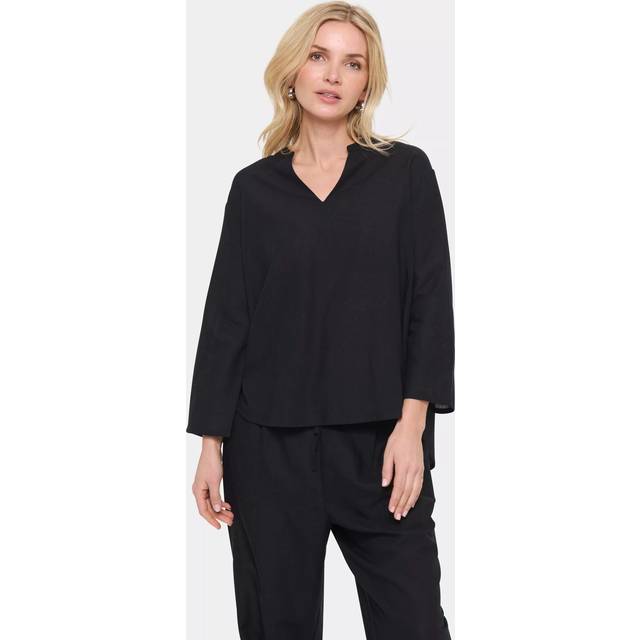 Saint Tropez, Blusar & Skjortor , Dam, L, Linne, Svart Kathasz Blus med V-ringning - black (L)