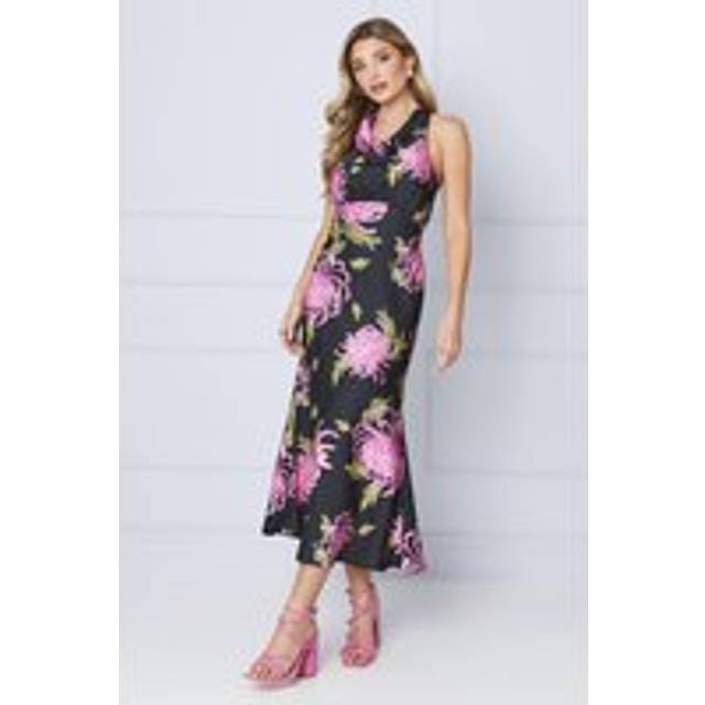 Oasis Womens Occasion Petite Floral Satin Cross Back Midi Dress - Black - Size 12 UK