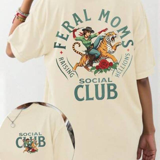 SHEIN Women&#39;s Feral Moms Social Club Loose Fit Round Neck Short Sleeve Blouse, Vintage Western Style Cowgirl Graphic Tee, Summer Versatile, Mother&#39;s Day Gif