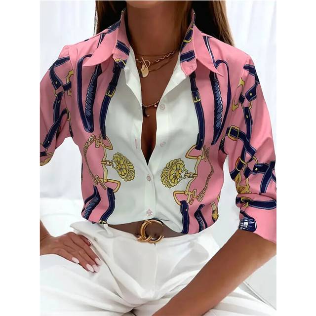 (B25SLTH2461415052, XXL) Boutique Pattern Printed Button Long Sleeve Women's Shirt Vintage Elegant Office Fashion Large Size Women's Daily Lapel Shirt