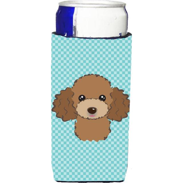 Checkerboard Blue Chocolate Brown Poodle Ultra Beverage Insulators for slim cans